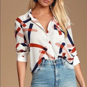 Camrose White Geometric Print Button-Up Long Sleeve Top